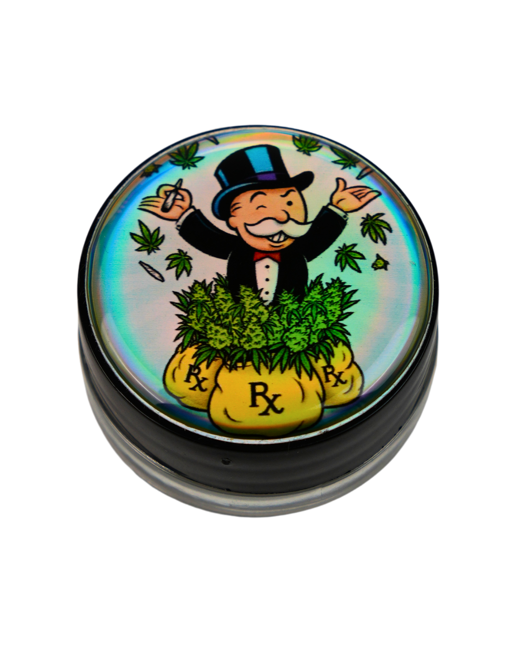 Tarro de silicona holográfico Beetle Print con personaje estilo Monopoly y cannabis.