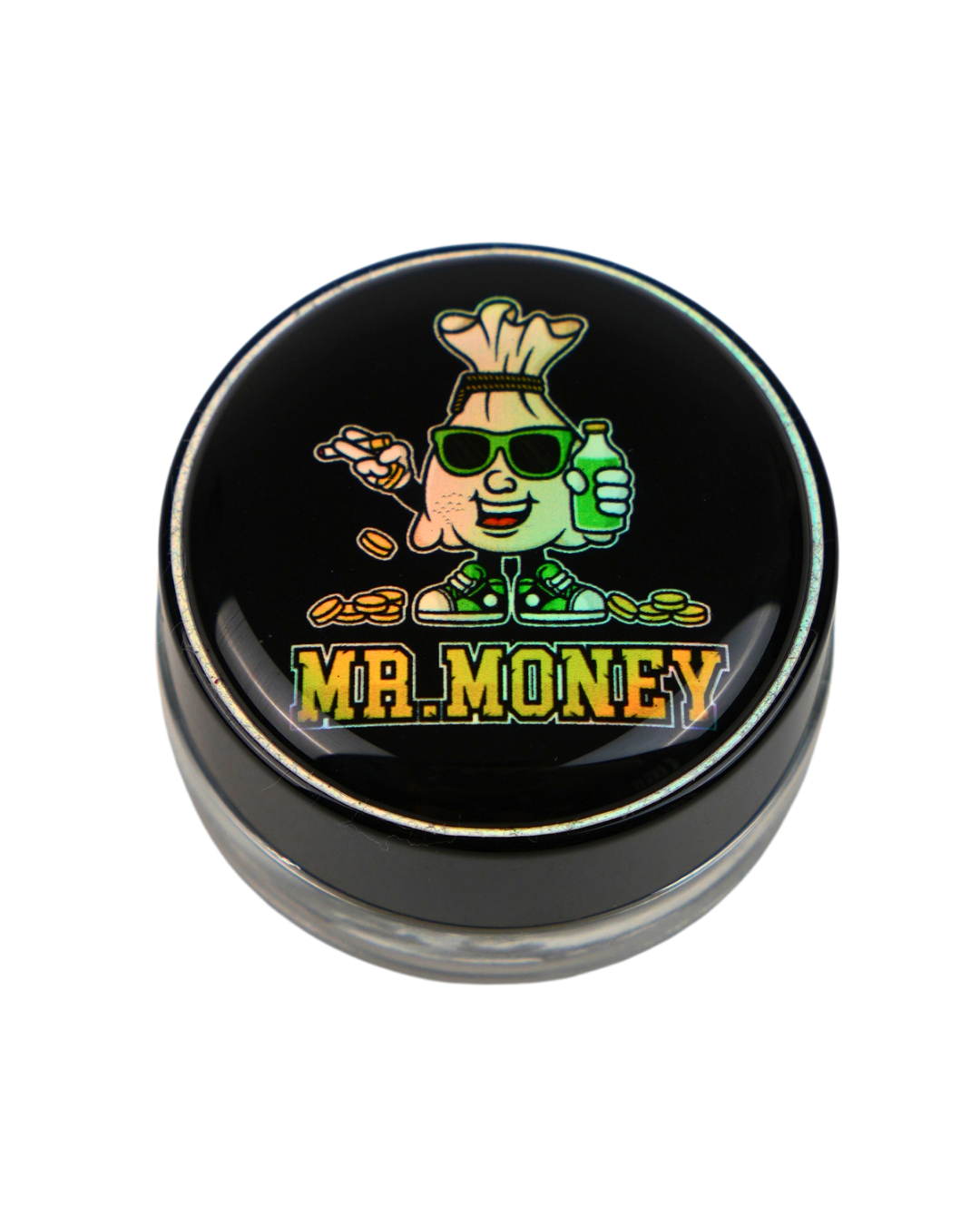 Tarro de silicona Beetle Print con diseño Mr. Money sobre fondo negro.