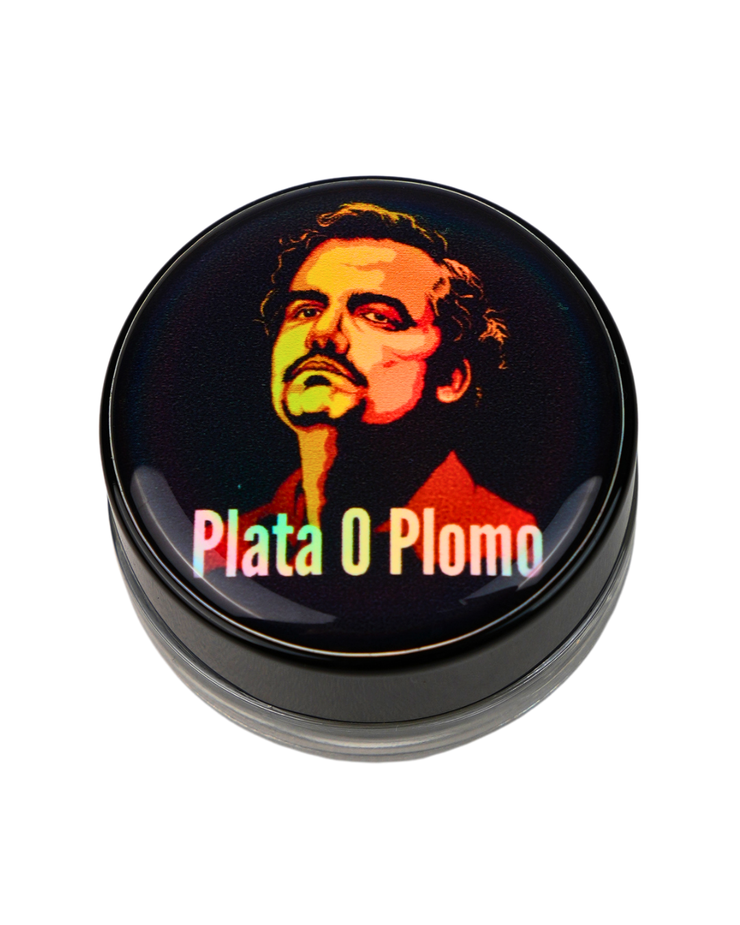 Tarro de silicona Beetle Print con diseño inspirado en Pablo Escobar y el texto "Plata o Plomo".