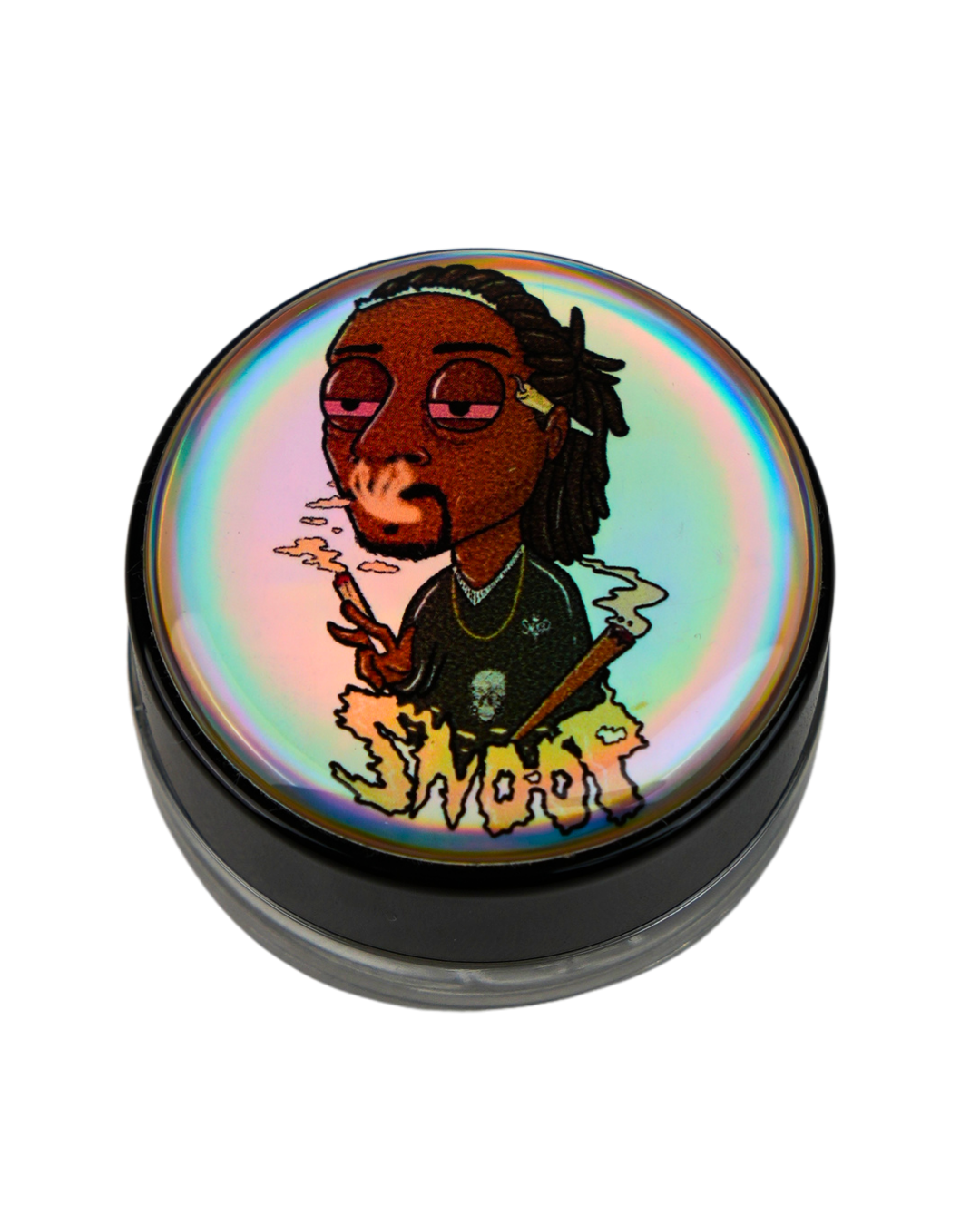Tarro de silicona holográfico Beetle Print con ilustración de rapero fumando sobre fondo irisado.