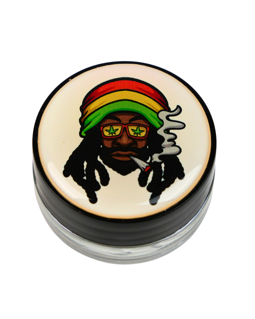 Tarro de silicona Beetle Print con diseño rasta fumando y gafas con hojas de cannabis.