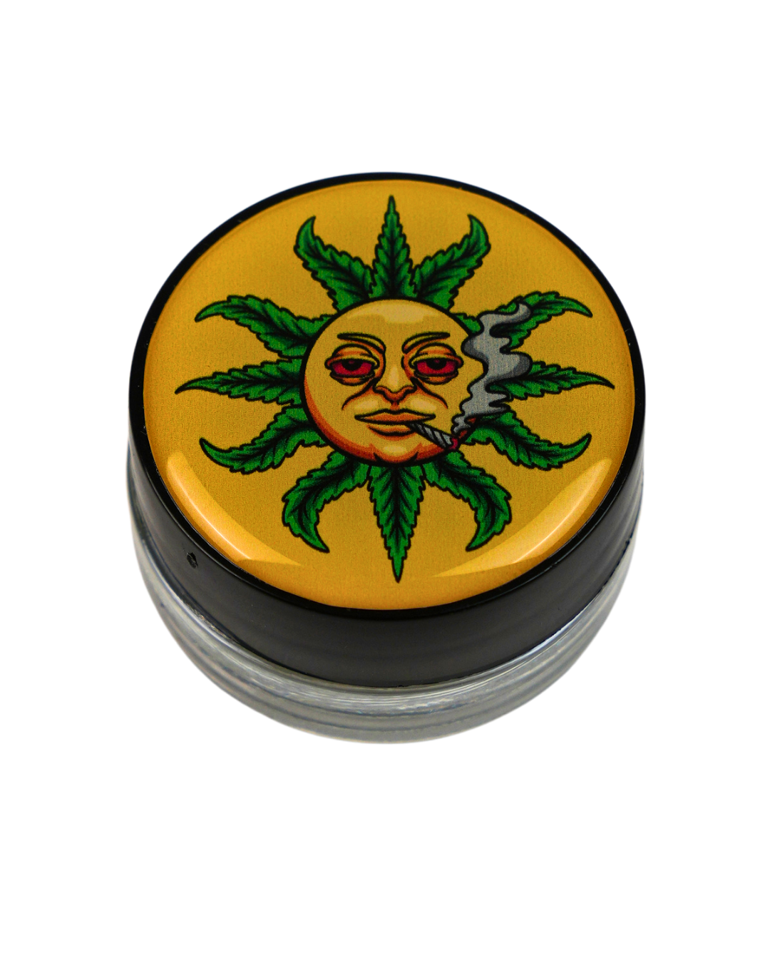 Tarro de silicona Beetle Print con diseño de sol rodeado por hojas de cannabis.