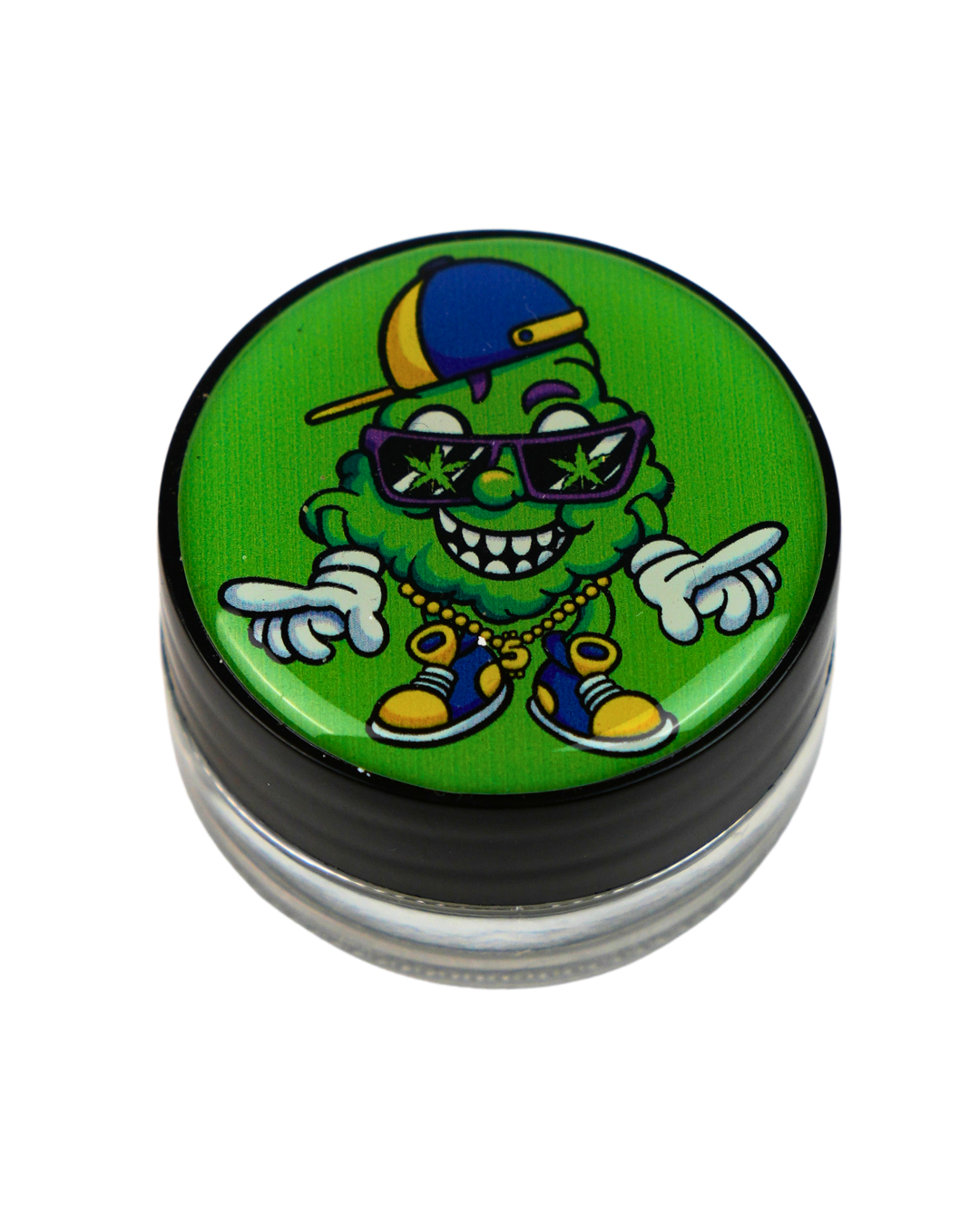 Tarro de silicona Beetle Print con diseño de personaje cannabis verde con gafas y gorra.