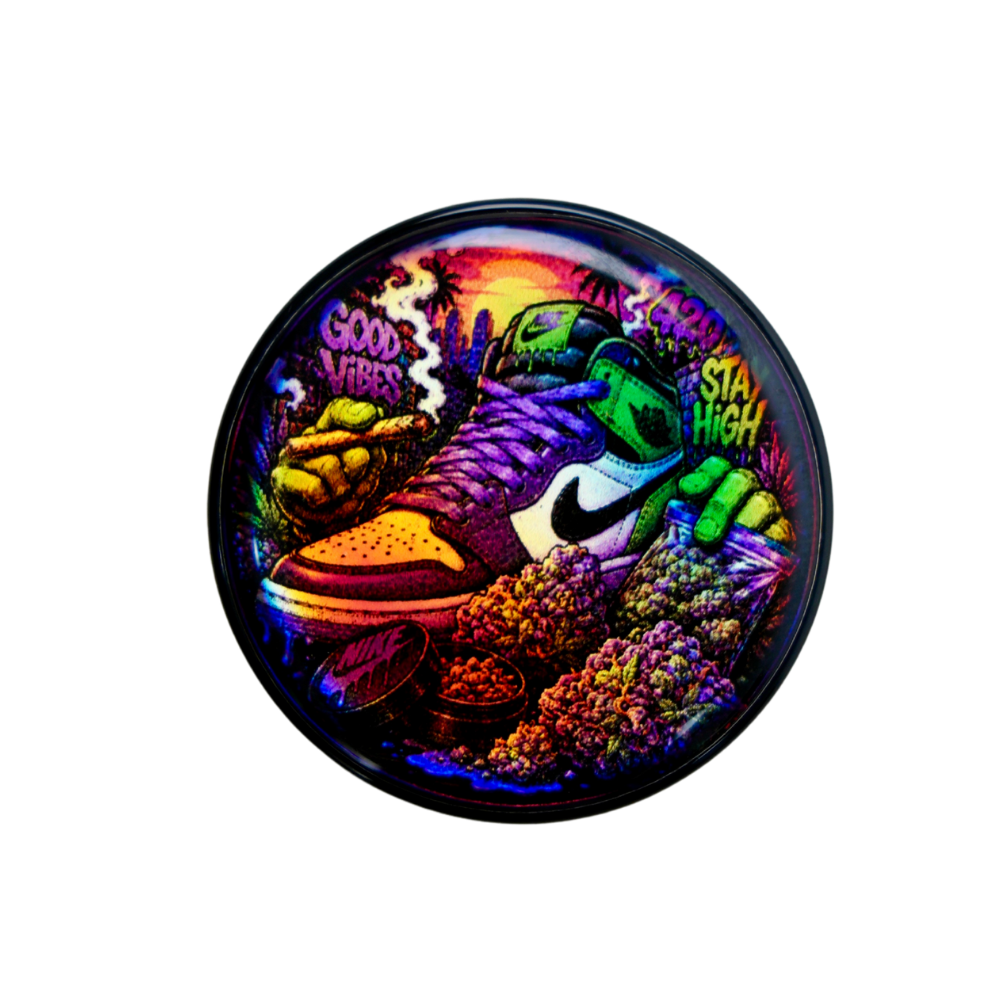 Tarro Sneaker Good Vibes Beetle Print con diseño holográfico y bote de cristal transparente vista superior