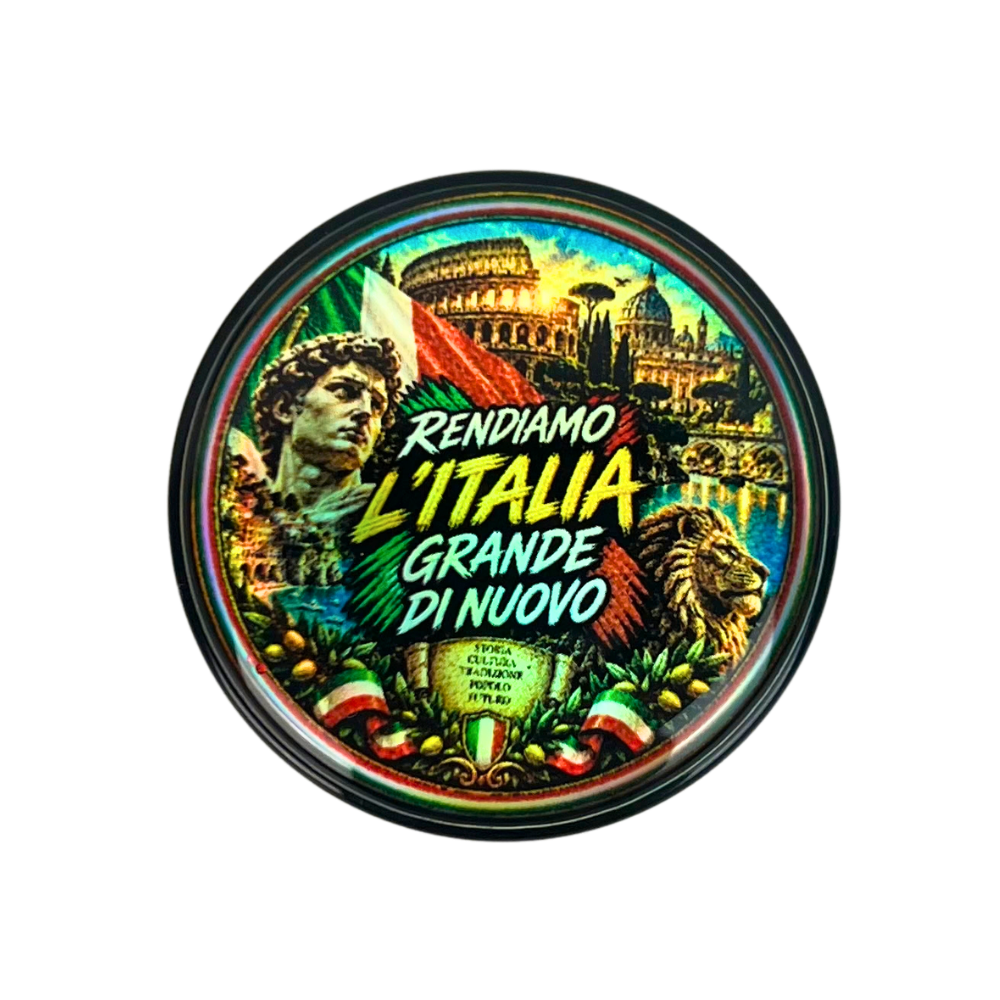 Tarro de vidrio Beetle Print Italia de 5 ml con tapa negra y diseño holográfico inspirado en Italia