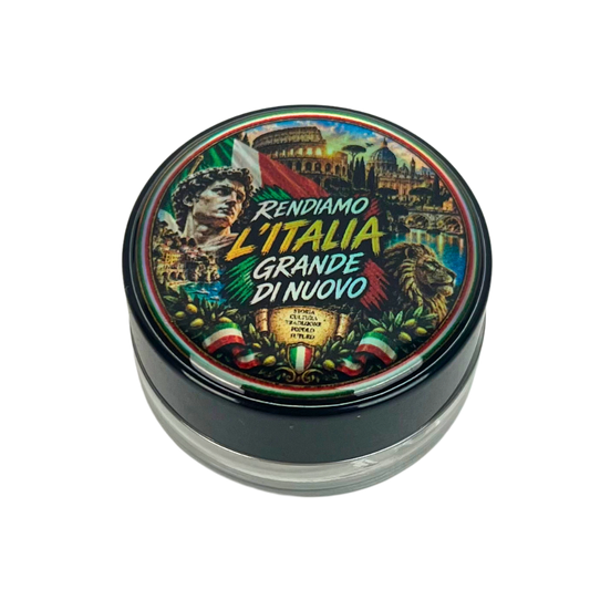 Tarro de vidrio Beetle Print Italia de 5 ml visto desde arriba con tapa holográfica y diseño inspirado en Italia