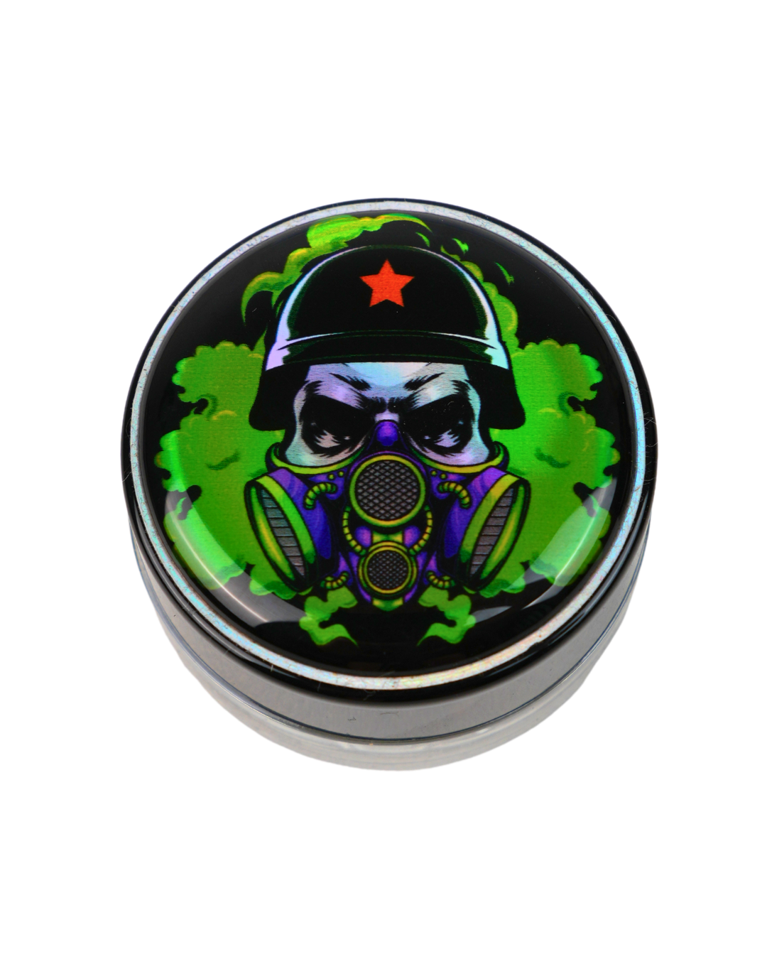 Tarro de vidrio Beetle Print con tapa de resina holográfica decorada con una ilustración de una calavera con máscara de gas. Cuenta con cierre hermético y es ideal para guardar y proteger pequeños accesorios de forma segura.