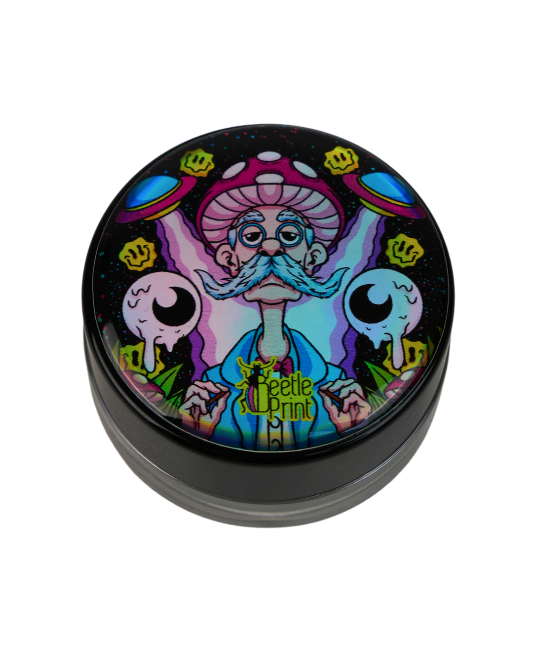 Tarro de vidrio Beetle Print con tapa de resina holográfica decorada con una ilustración de estilo psicodélico. Dispone de cierre hermético y es ideal para guardar y organizar pequeños accesorios de forma segura.