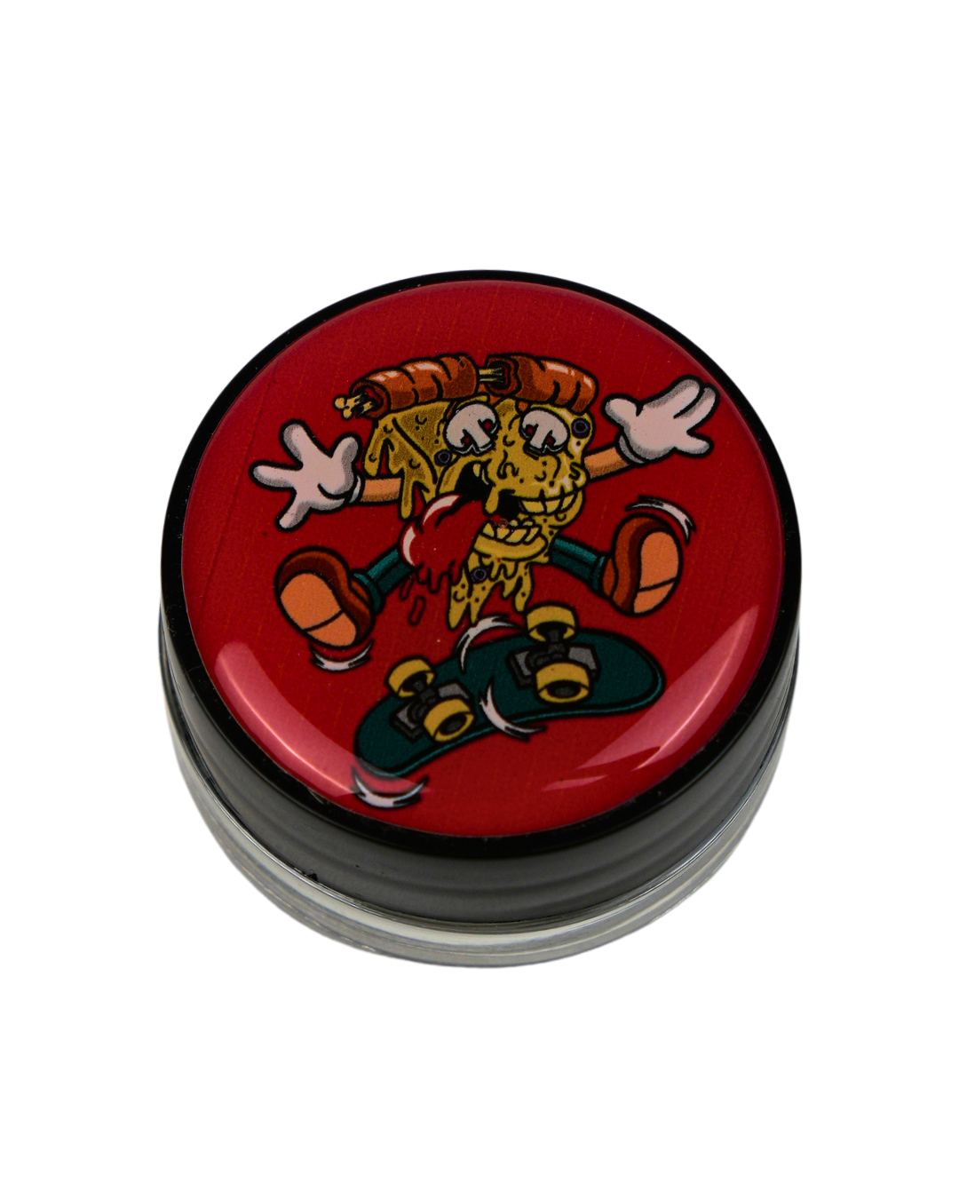 Tarro de vidrio Beetle Print con tapa de resina holográfica decorada con una divertida ilustración de una porción de pizza sobre un monopatín. Dispone de cierre hermético para guardar y proteger pequeños accesorios con estilo.