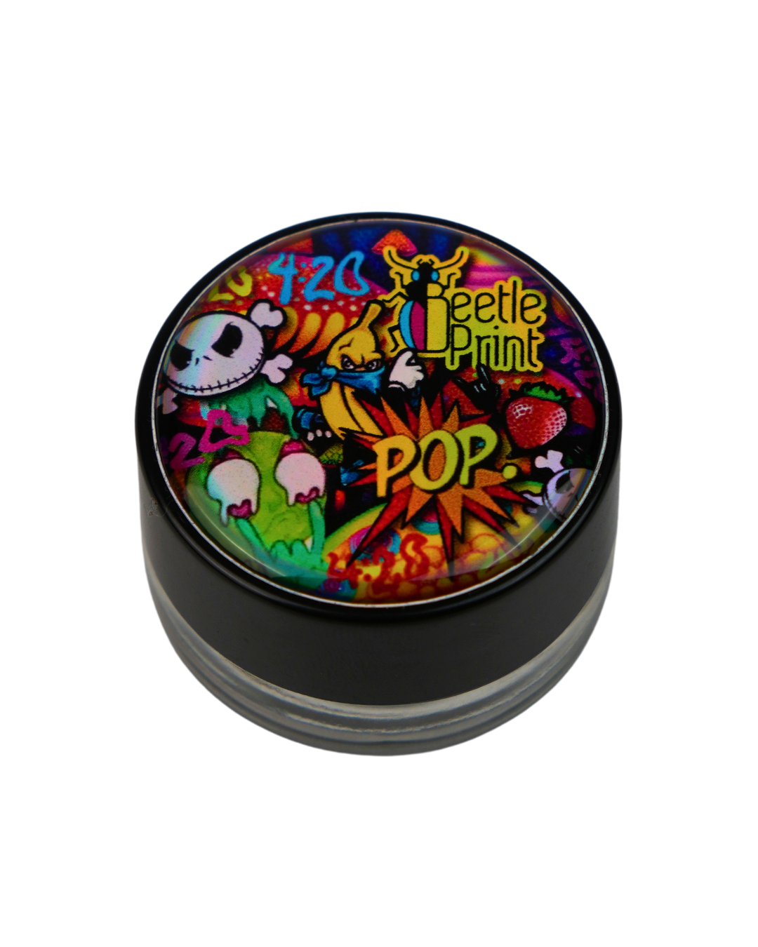 Tarro de vidrio Beetle Print con tapa de resina holográfica y diseño artístico de estilo pop. Cuenta con cierre hermético para guardar y proteger pequeños accesorios con un acabado llamativo y de alta calidad.