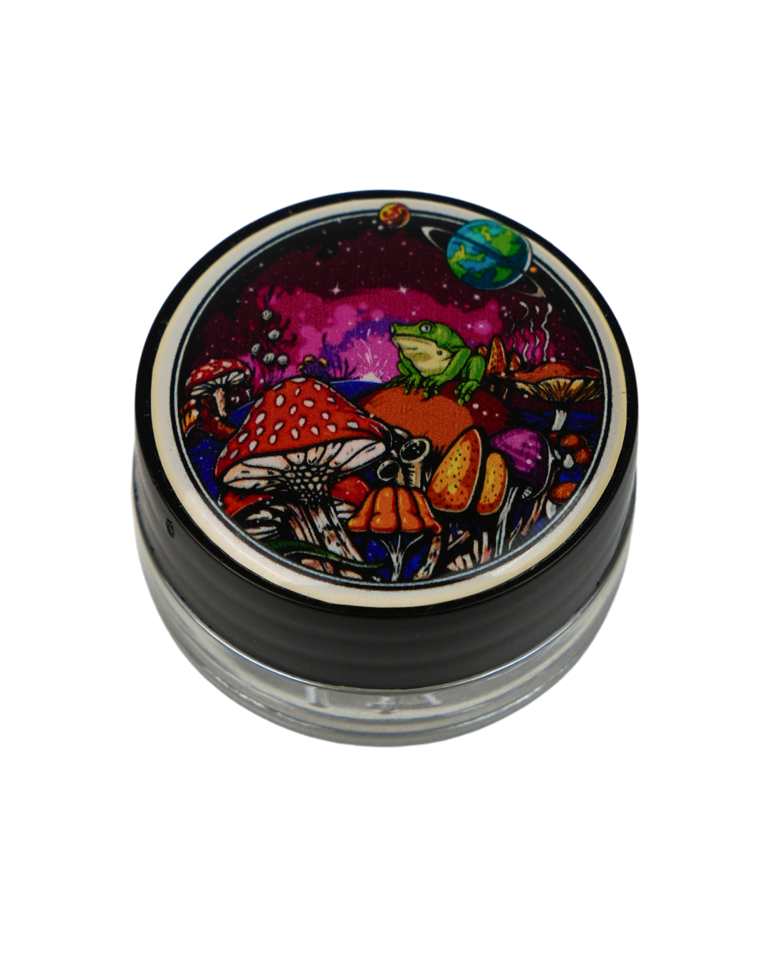 Tarro de vidrio Beetle Print con tapa de resina holográfica decorada con una ilustración de setas, una rana y un paisaje fantástico de inspiración espacial. Dispone de cierre hermético para guardar y proteger pequeños accesorios.