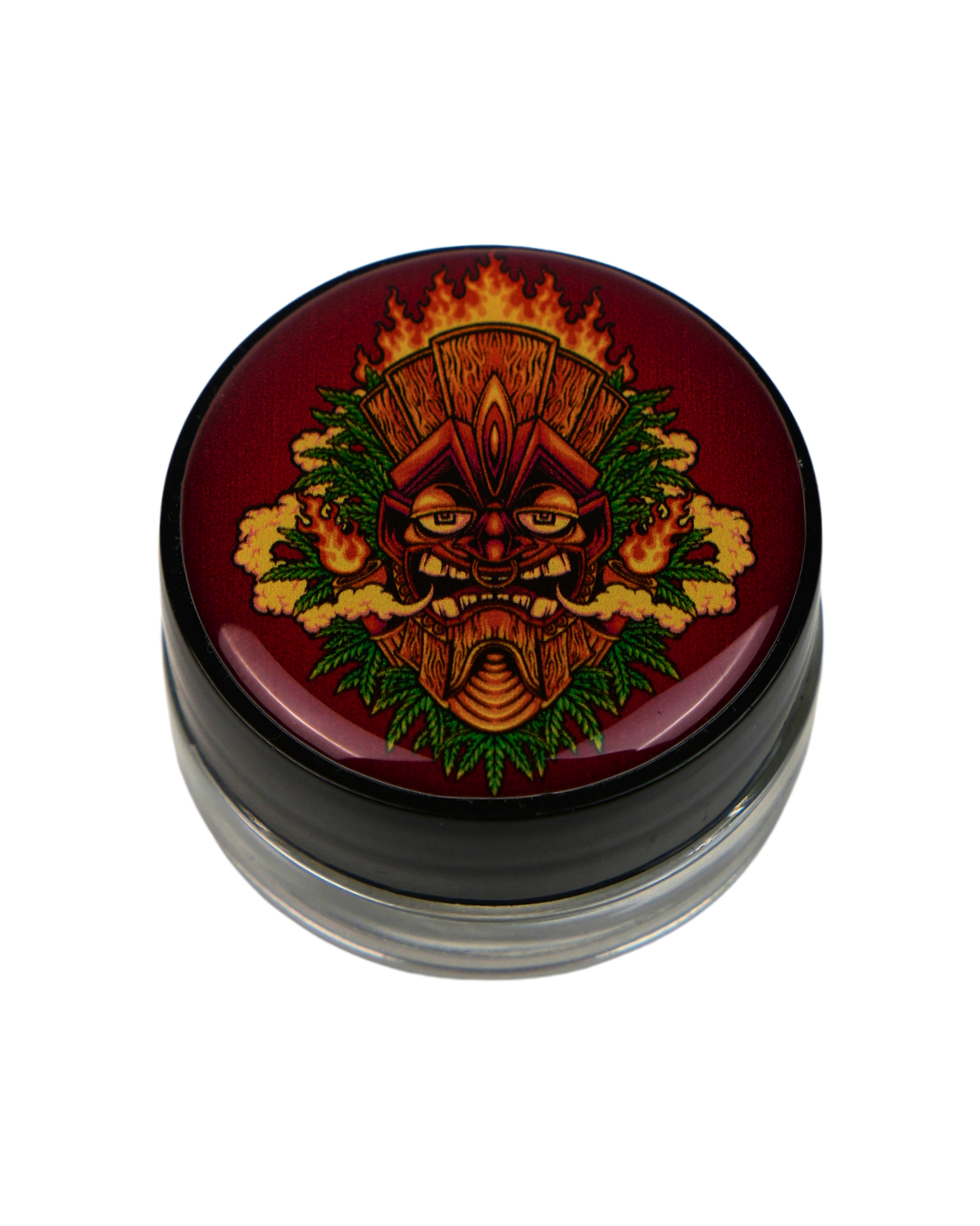 Tarro de vidrio Beetle Print con tapa de resina holográfica decorada con una ilustración de un tótem tiki de estilo tropical. Cuenta con cierre hermético y es ideal para guardar y proteger pequeños accesorios de forma segura.