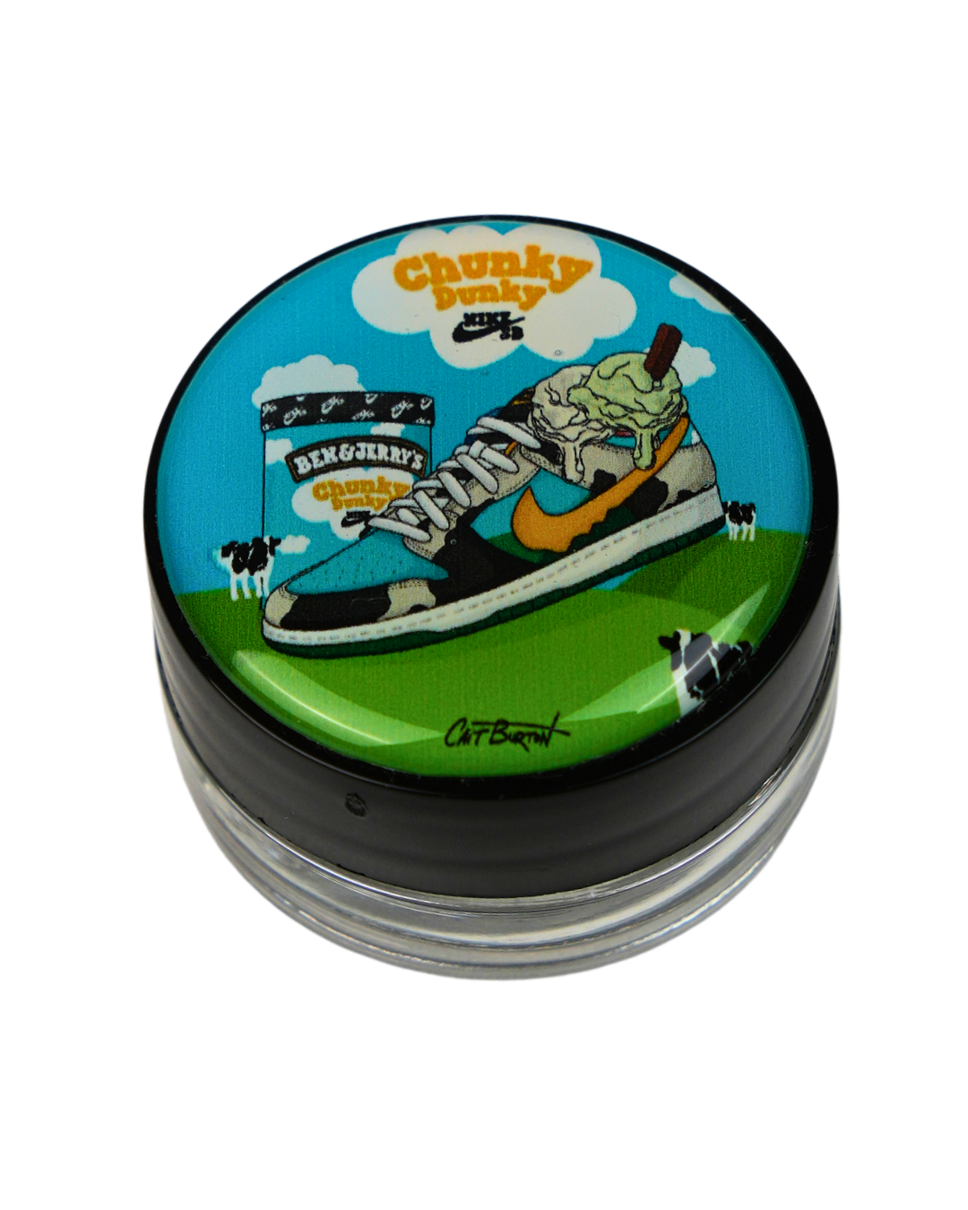 Tarro de vidrio Beetle Print con tapa de resina holográfica decorada con una ilustración de una zapatilla inspirada en un helado. Cuenta con cierre hermético y es ideal para guardar y proteger pequeños accesorios de forma segura.
