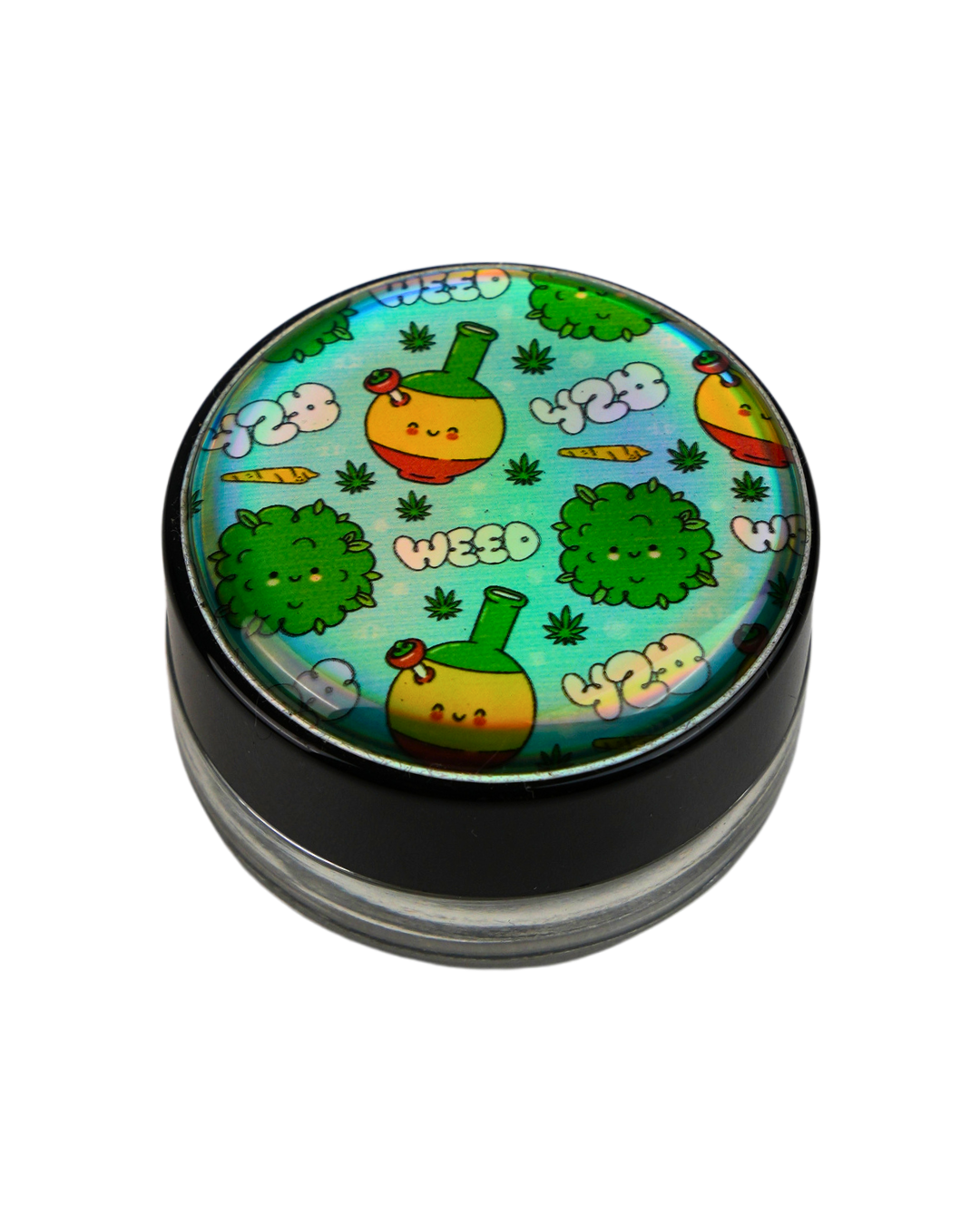 Tarro Beetle Print con diseño kawaii de bong, hojas de cannabis y nubes.