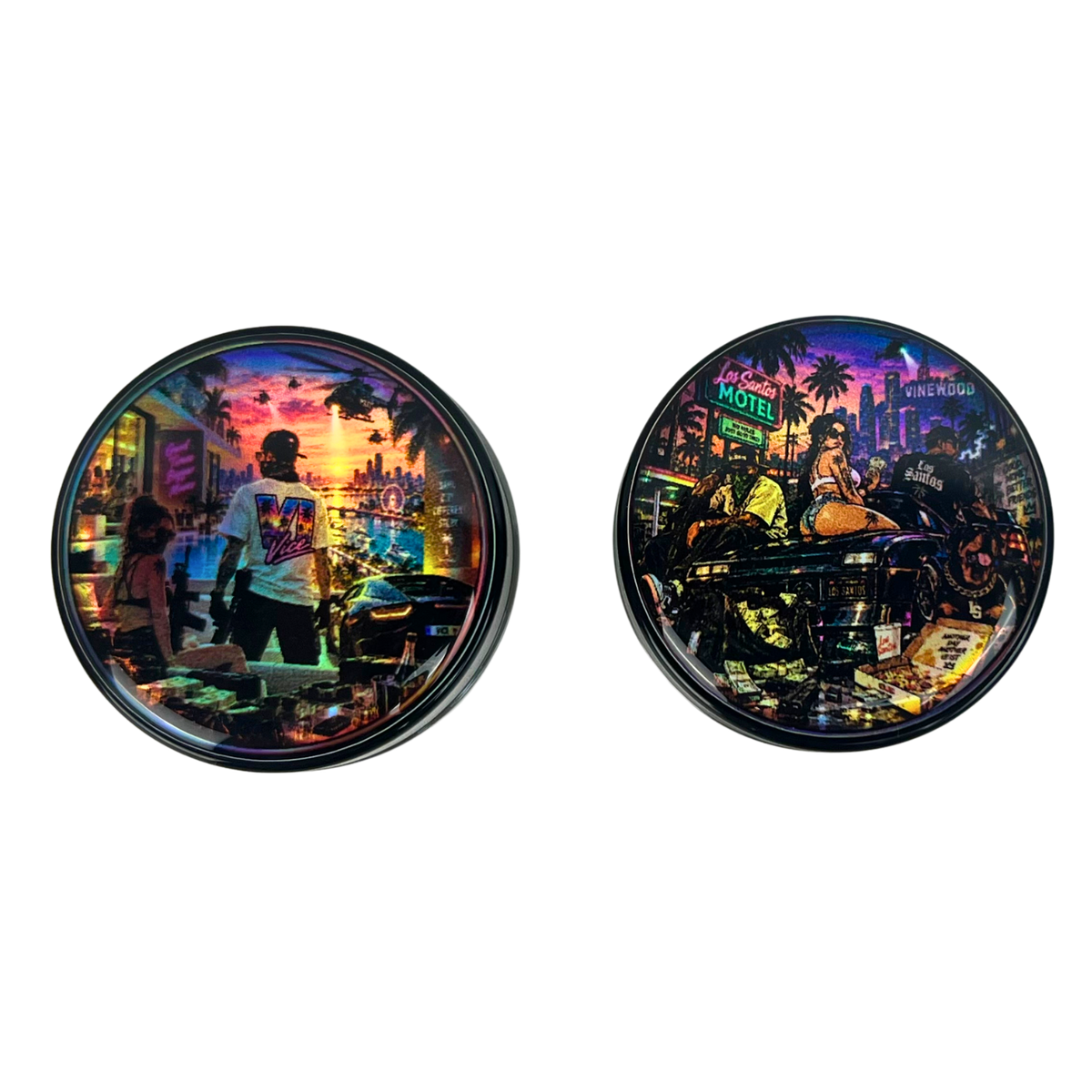 Dos diseños holográficos Beetle Print para tarros de vidrio de 5 ml, con ilustraciones urbanas a todo color