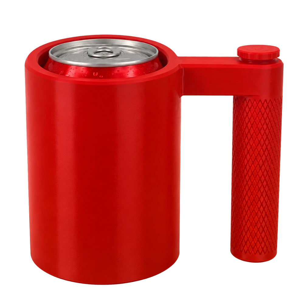 Taza enfriadora de latas Beetle Print en color rojo con una lata colocada en el interior y asa lateral