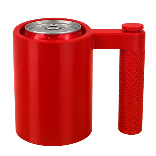 Taza enfriadora de latas Beetle Print en color rojo con una lata colocada en el interior y asa lateral