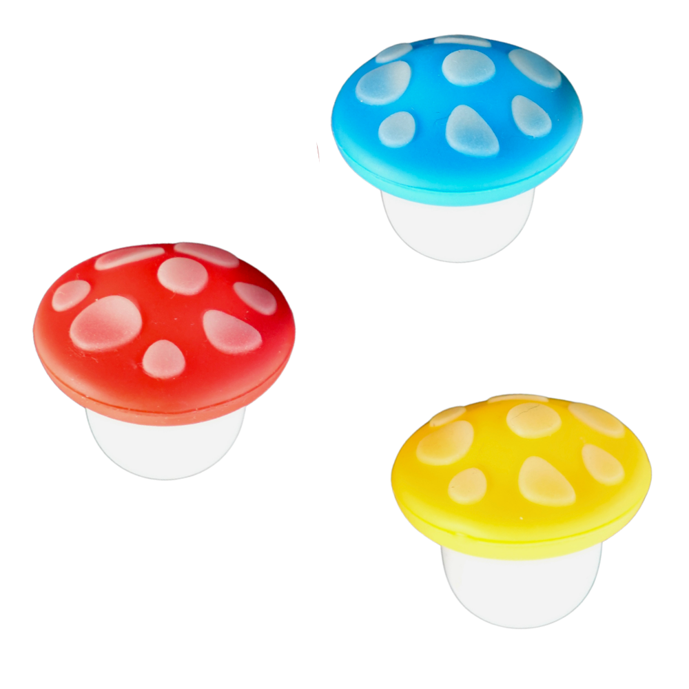Colección de contenedores wax de silicona con diseño de setas glow disponibles en varios colores.