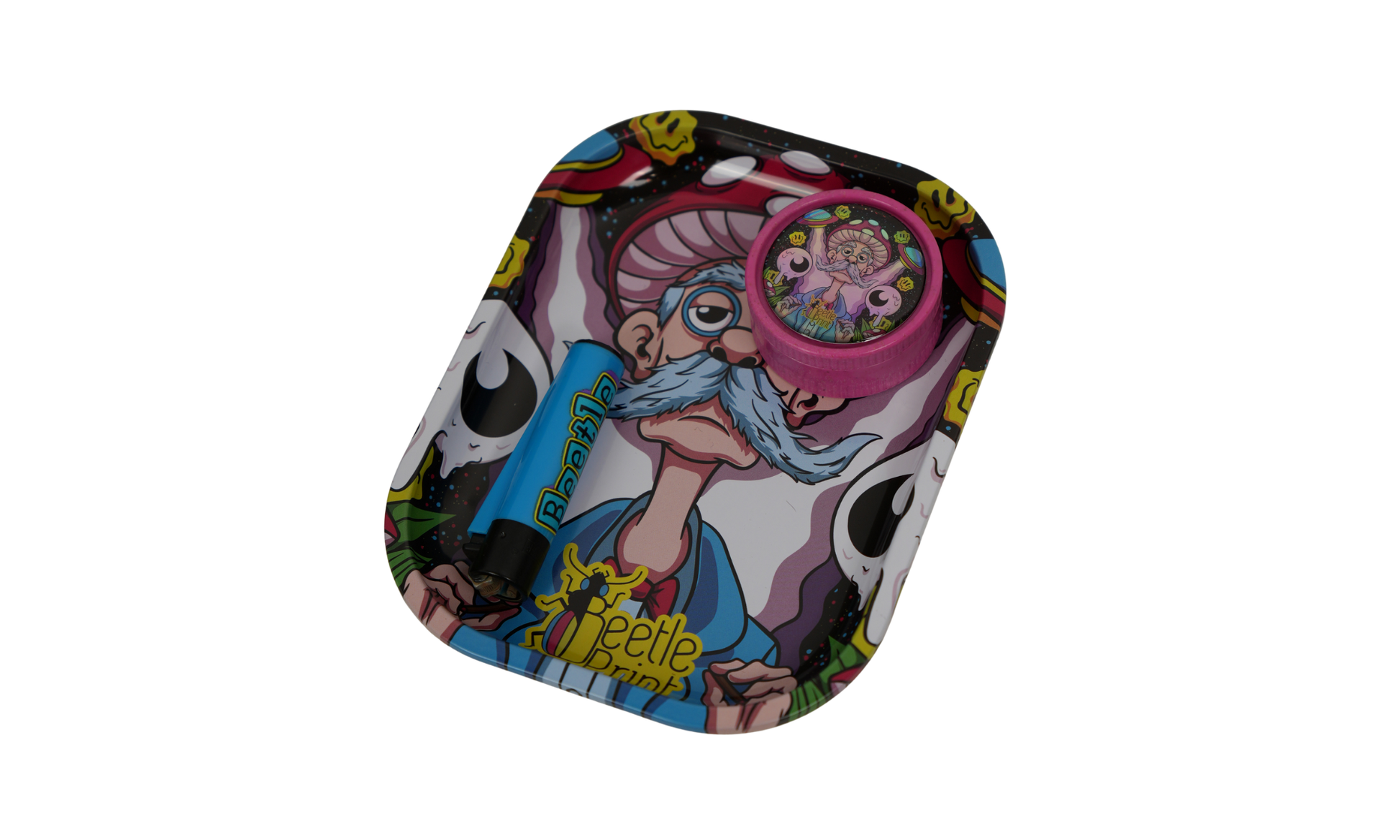 Uso del grinder biodegradable Beetle Print® negro con Logo B, molinillo manual ligero con bandeja para parafernalia