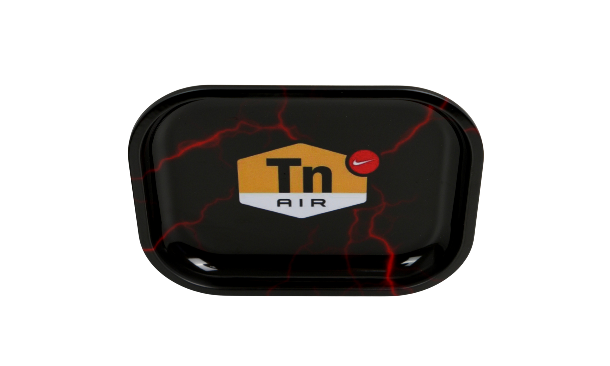 Top view of black metal rolling tray with red lightning details