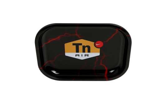 Top view of black metal rolling tray with red lightning details