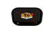 Top view of black metal rolling tray with red lightning details