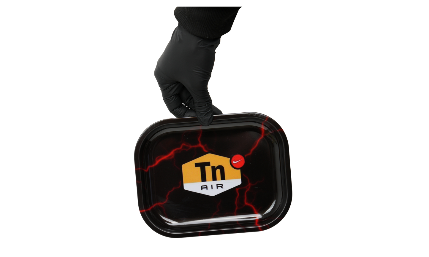 Black metal rolling tray with DIR lightning graphic design