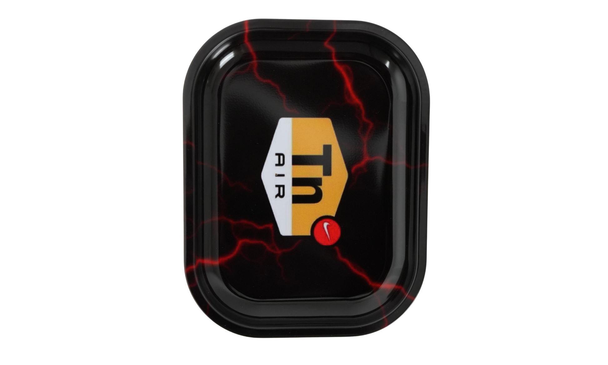 Close-up of lightning graphic on metal rolling tray