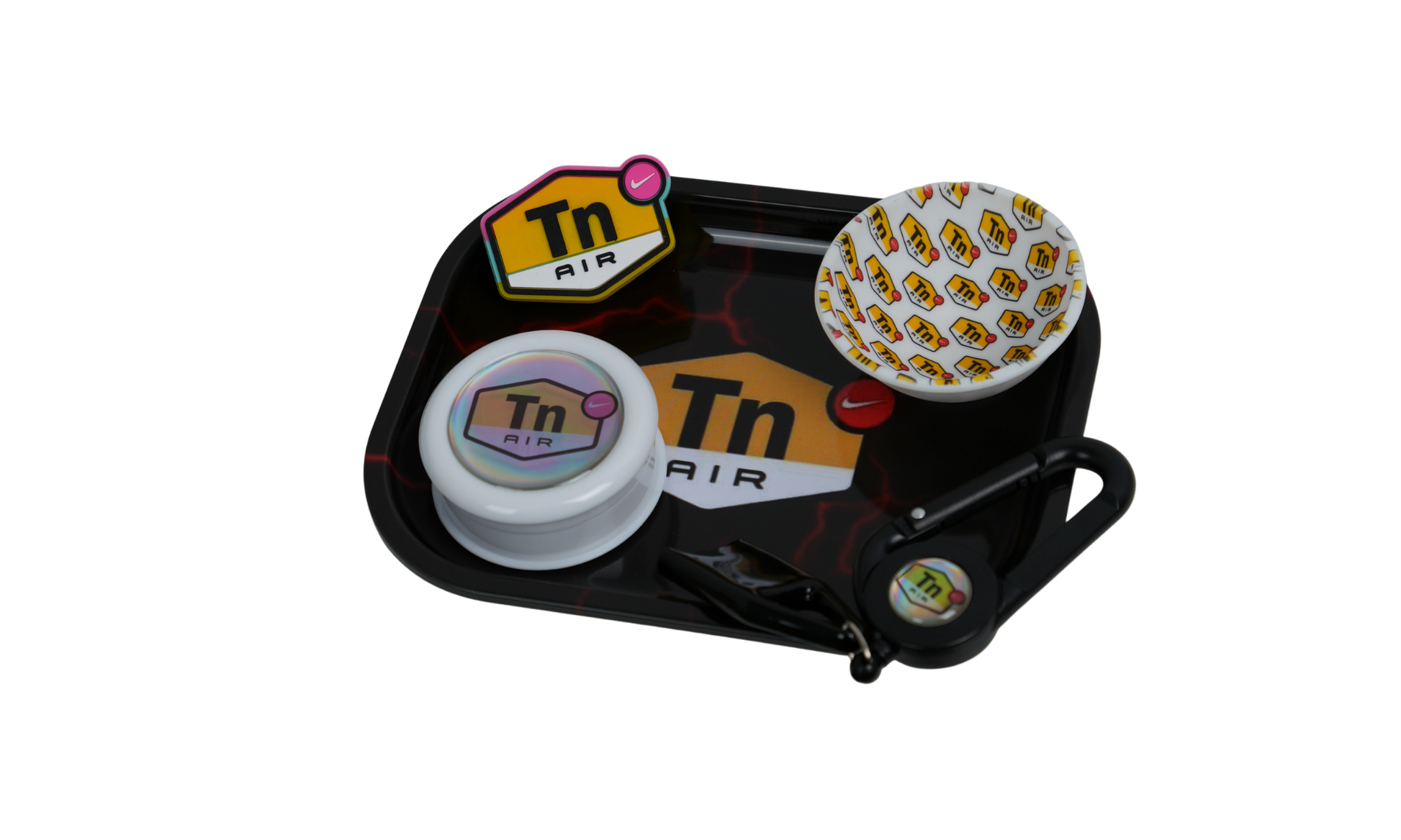 Metal rolling tray used as rolling surface with dark graphic design