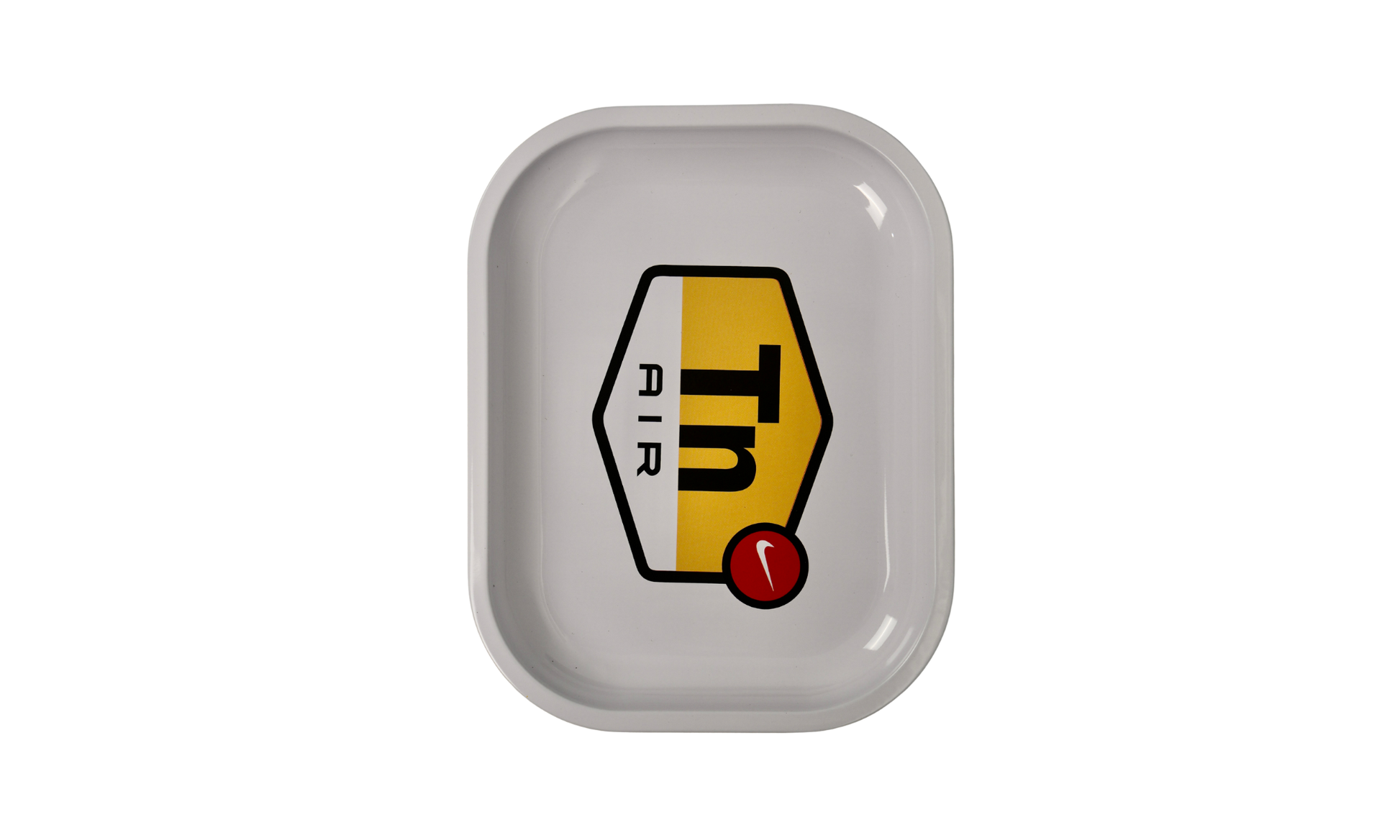 Top view of white metal rolling tray with graphic signal design