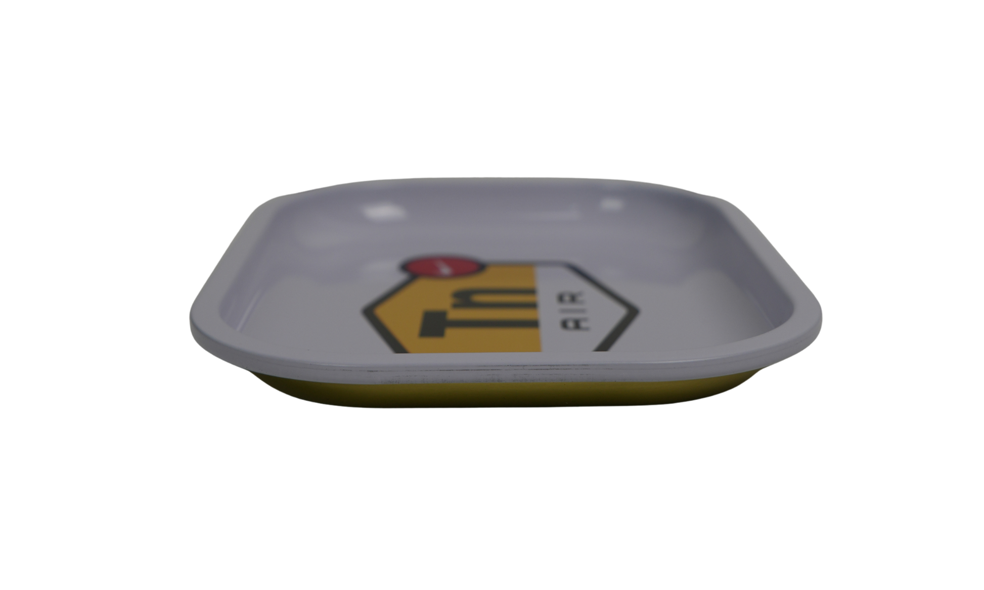 Angled view of glossy white metal rolling tray