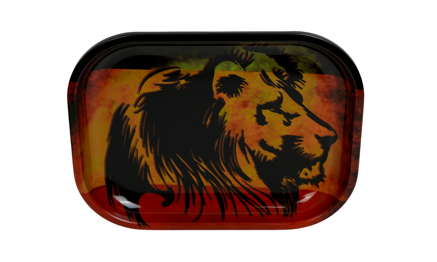 Metal rolling tray with lion fire design on black background