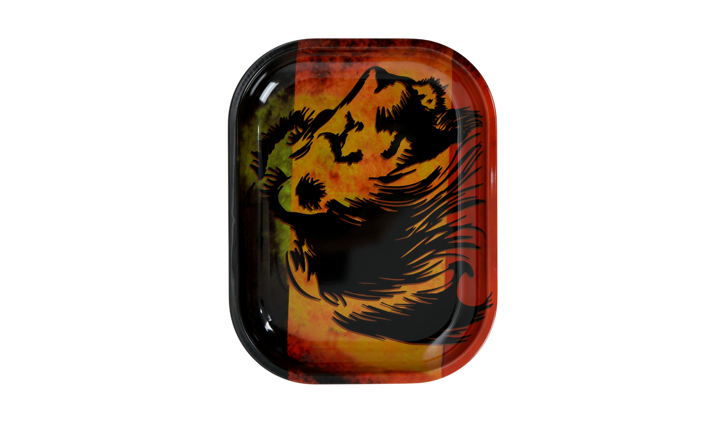 Close-up of lion fire artwork on metal rolling tray right