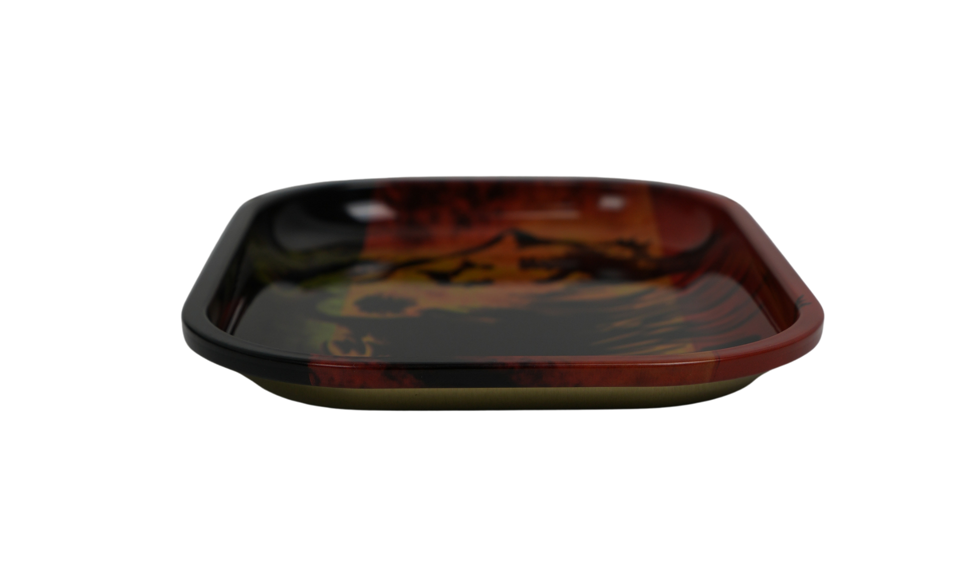 Angled view of metal rolling tray with raised edges and glossy finish