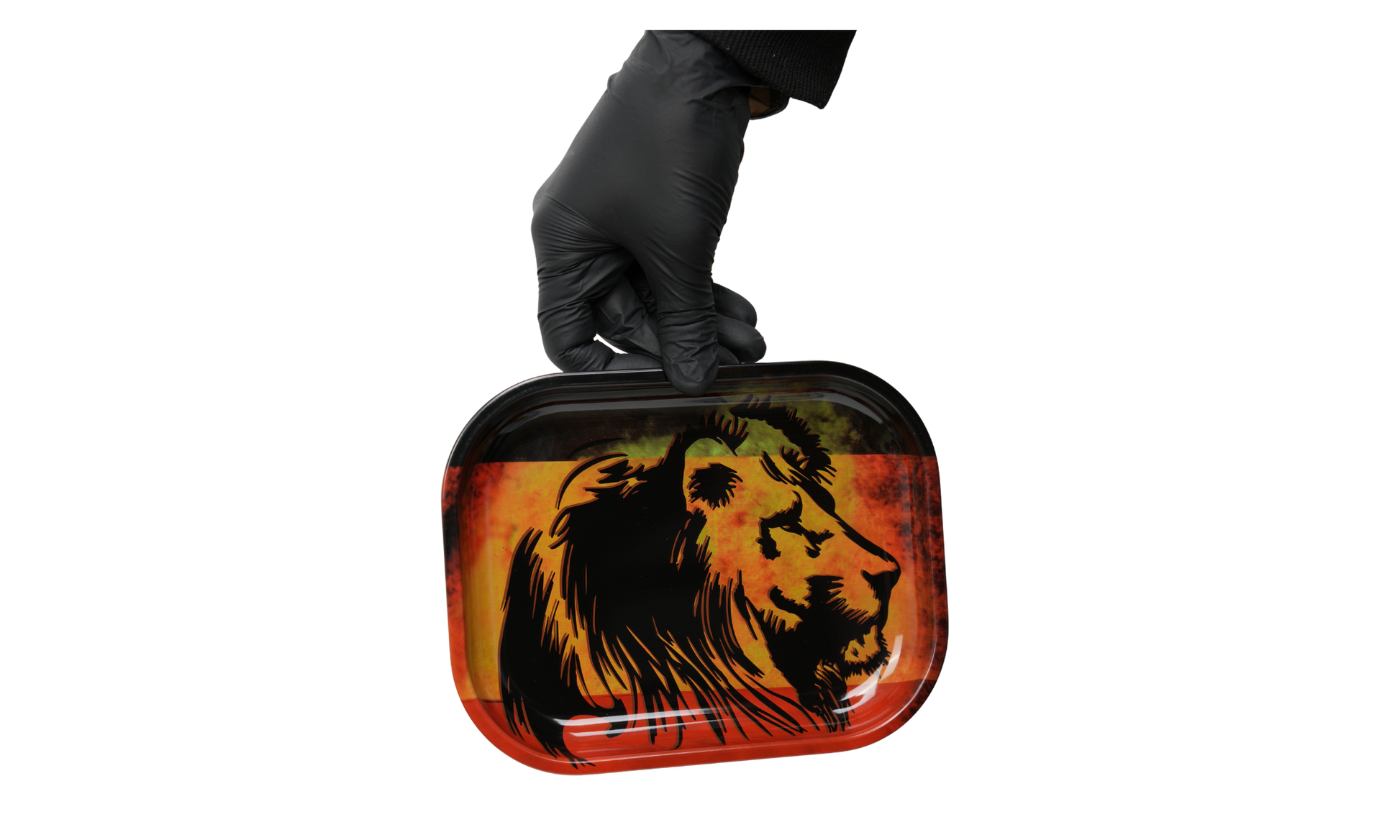 Top view of metal rolling tray with lion fire design