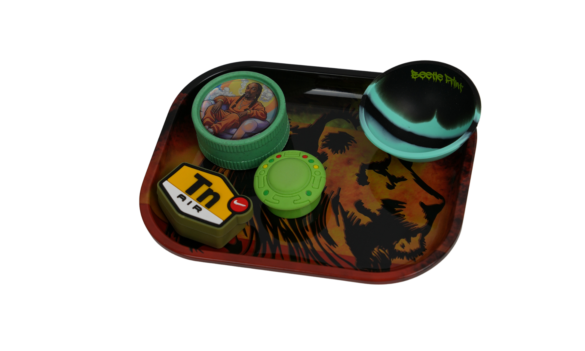 Metal rolling tray with lion design used as rolling surface