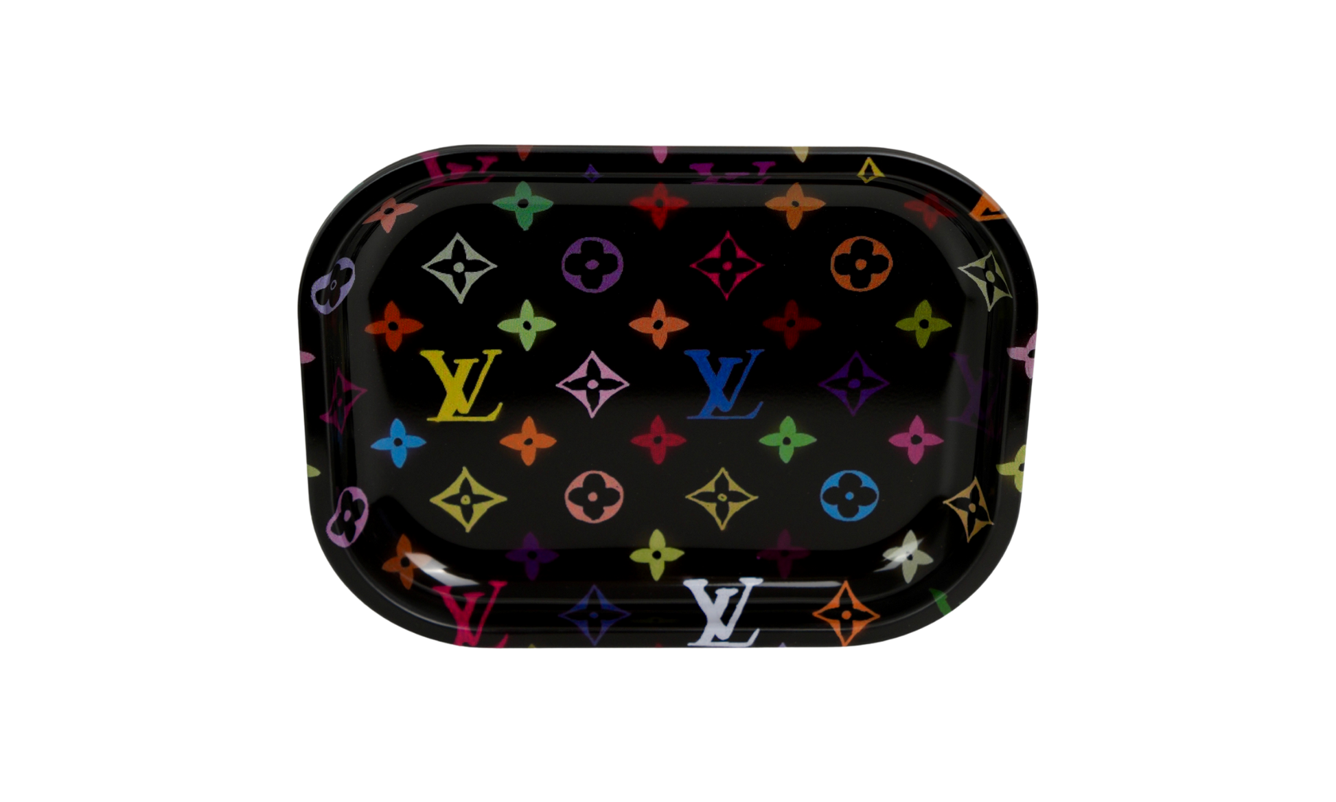 Close-up of multicolor graphic pattern on metal rolling tray