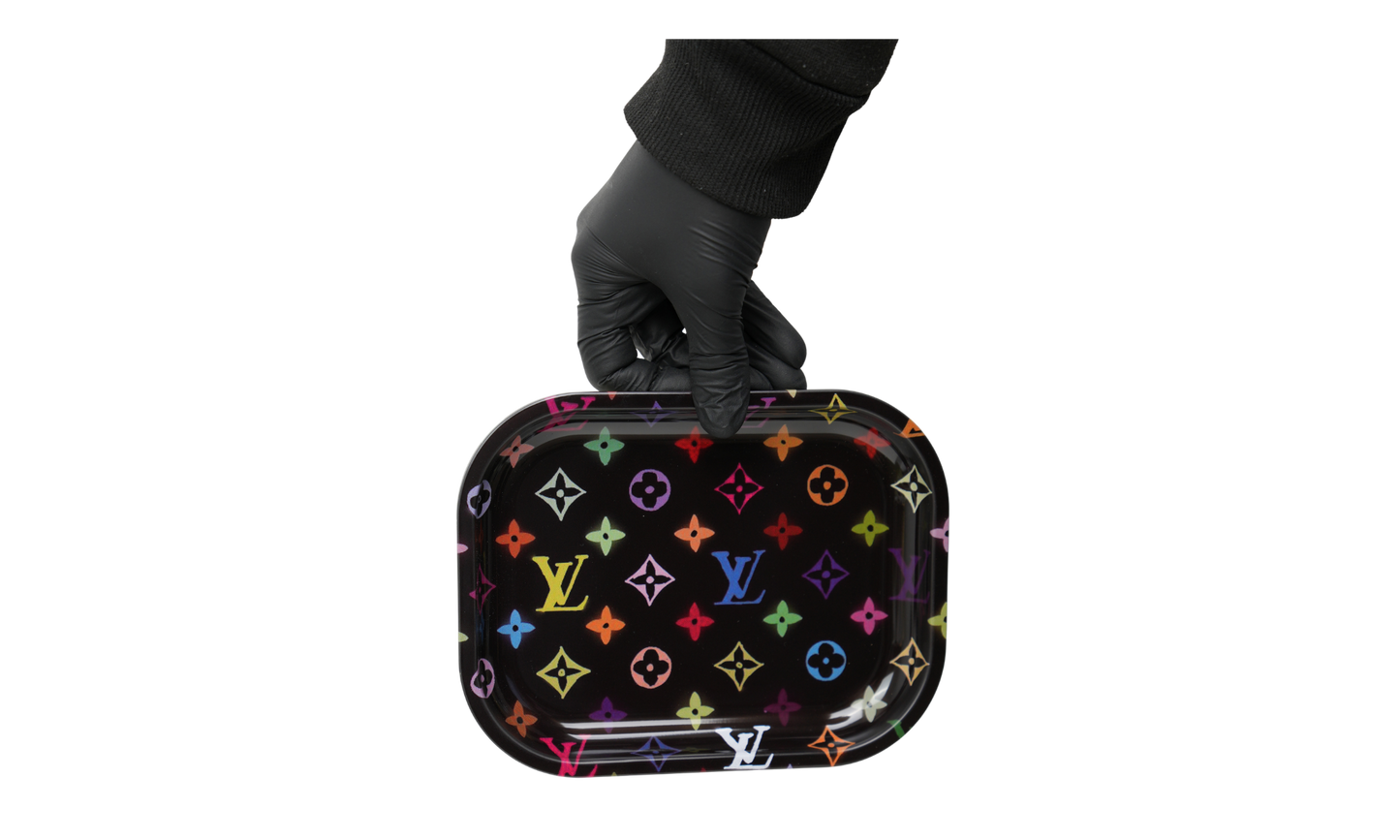 Metal rolling tray with multicolor pattern design on black background