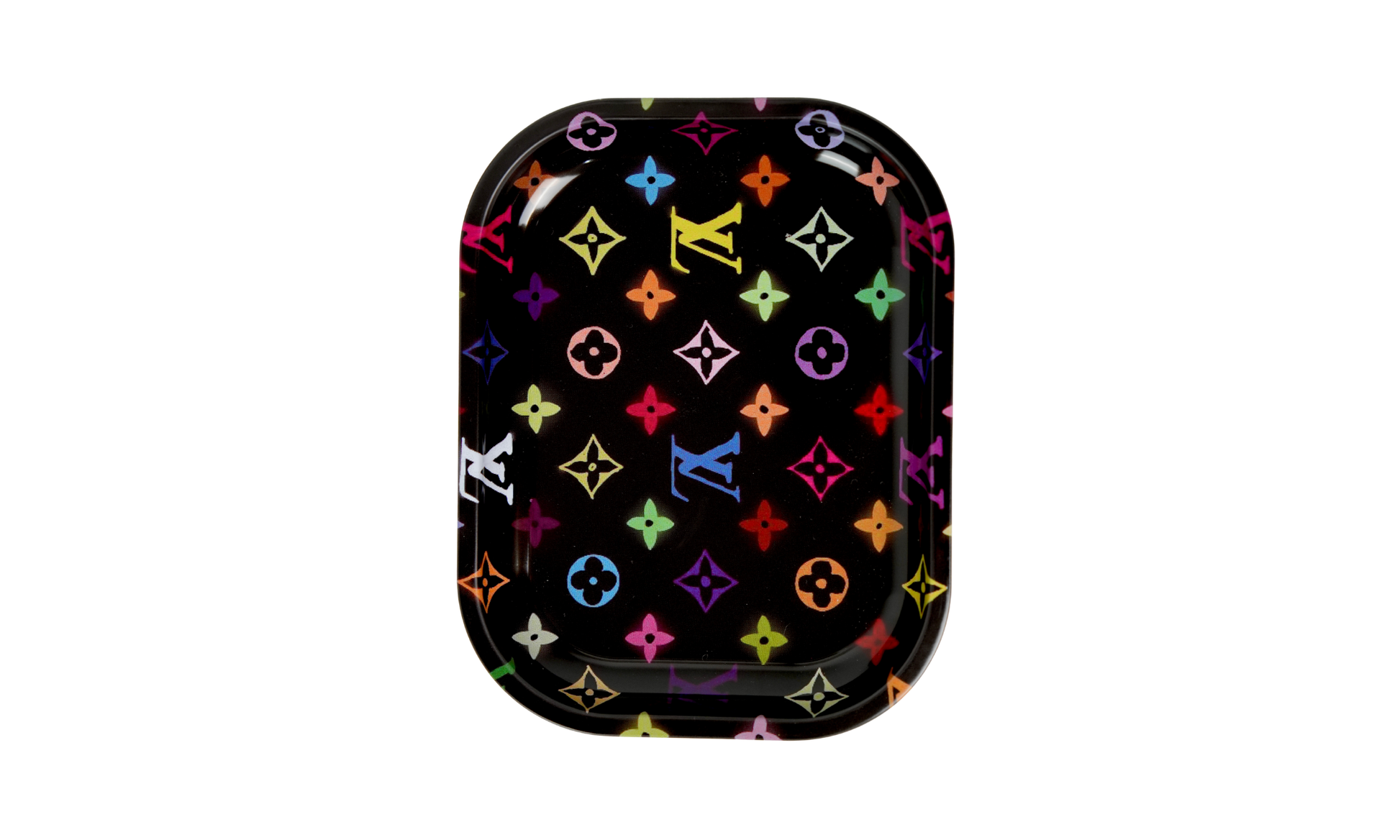Top view of metal rolling tray with colorful pattern design