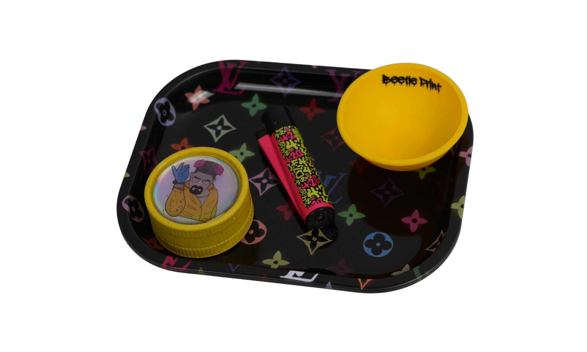 Metal rolling tray used as a surface accessory in indoor setting