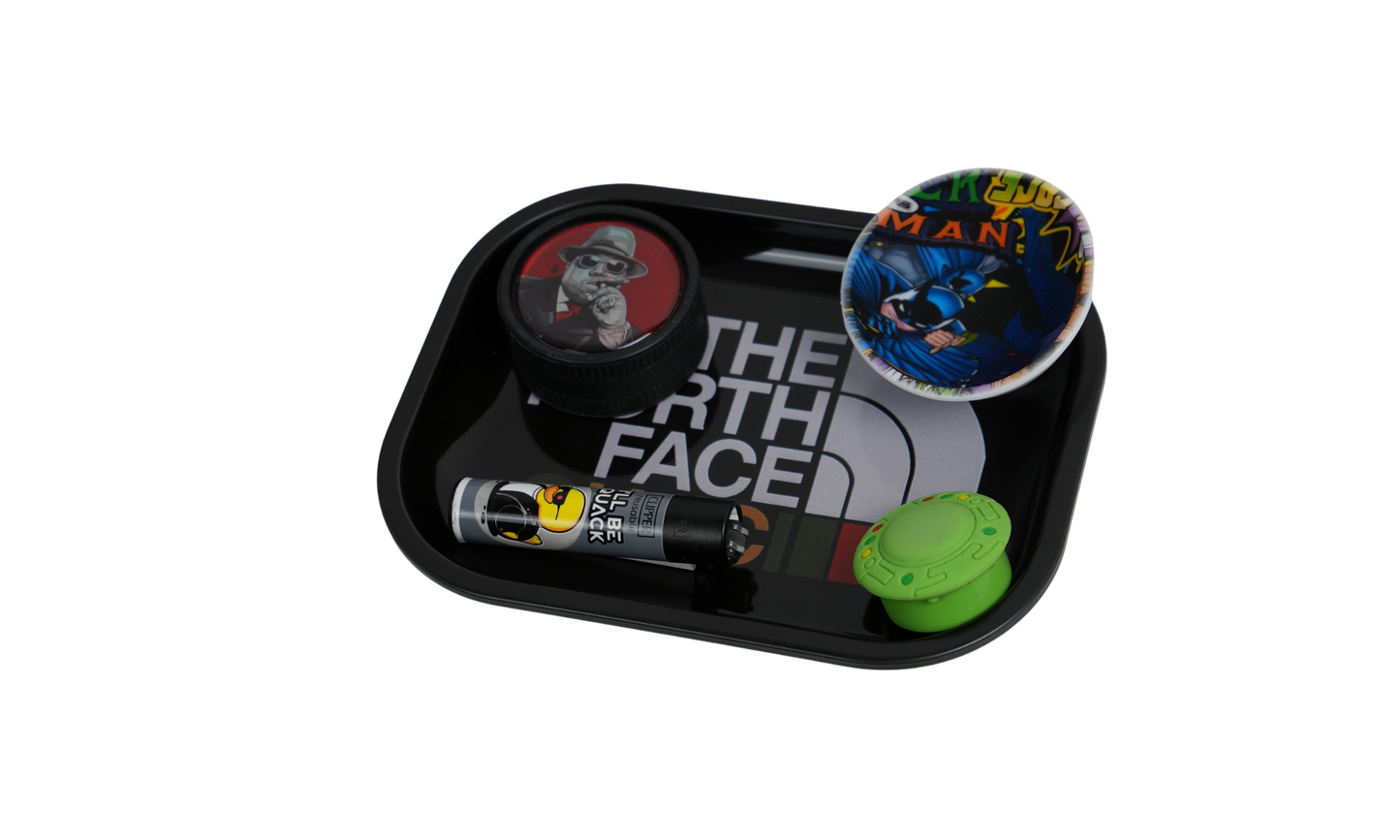 Metal rolling tray used as rolling surface with bold graphic style