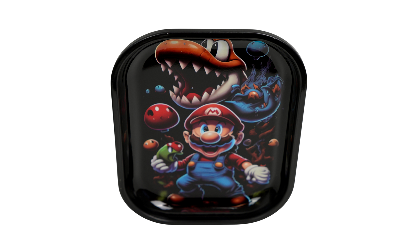 Front view of metal rolling tray featuring retro cartoon fantasy illustration on black background
