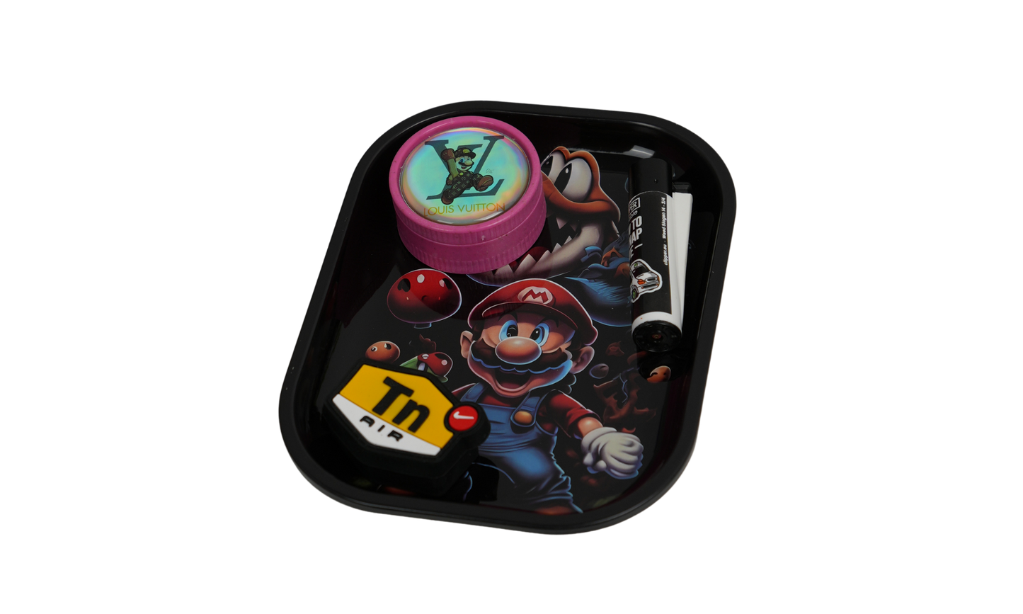 Close-up of retro fantasy cartoon artwork printed on metal rolling tray surface