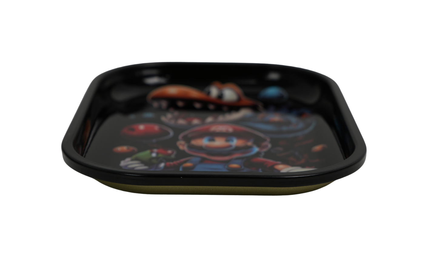 Side angle of metal rolling tray showing rounded corners and durable metal construction