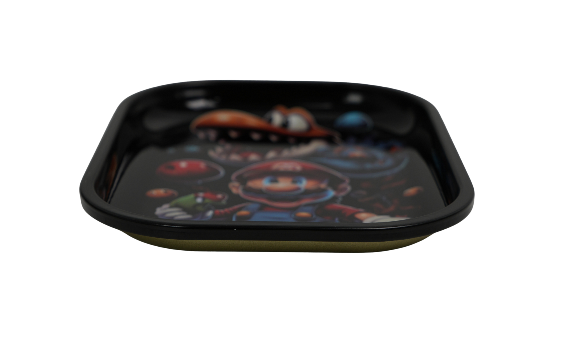 Side angle of metal rolling tray showing rounded corners and durable metal construction