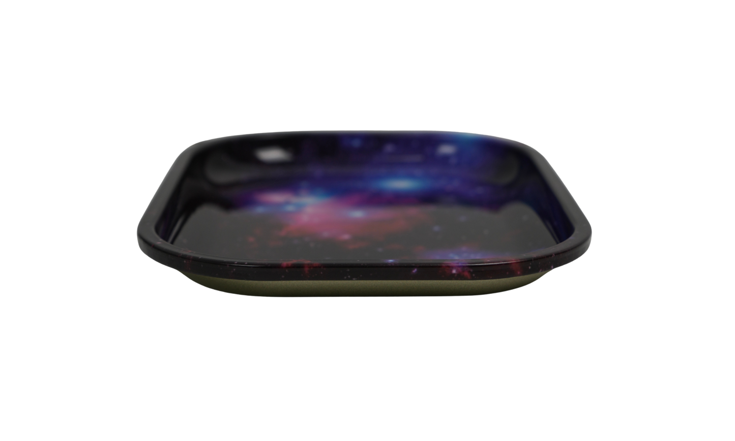 Angled view of cosmic metal rolling tray with glossy finish