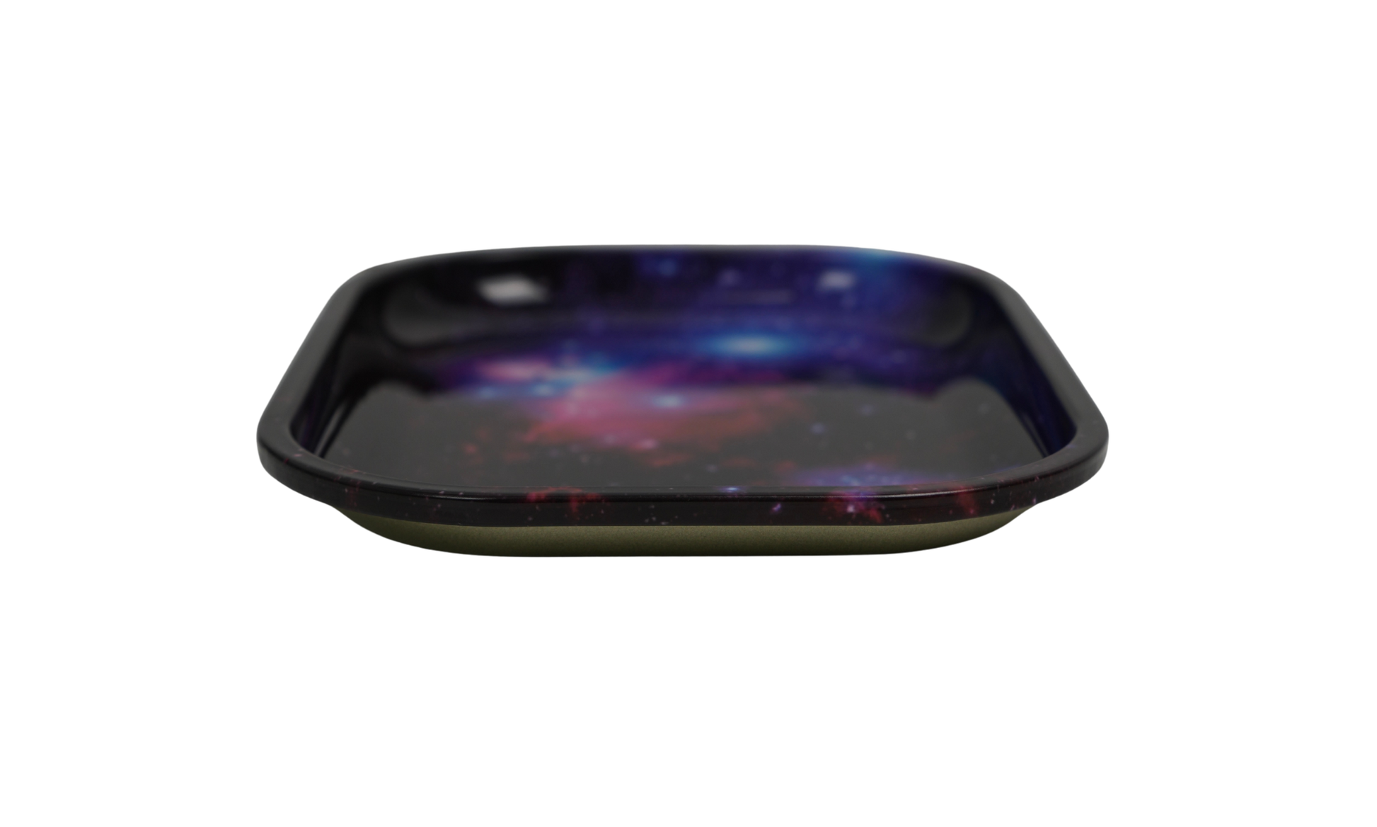 Angled view of cosmic metal rolling tray with glossy finish