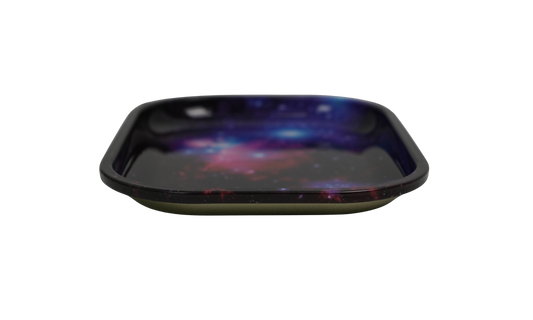 Angled view of cosmic metal rolling tray with glossy finish