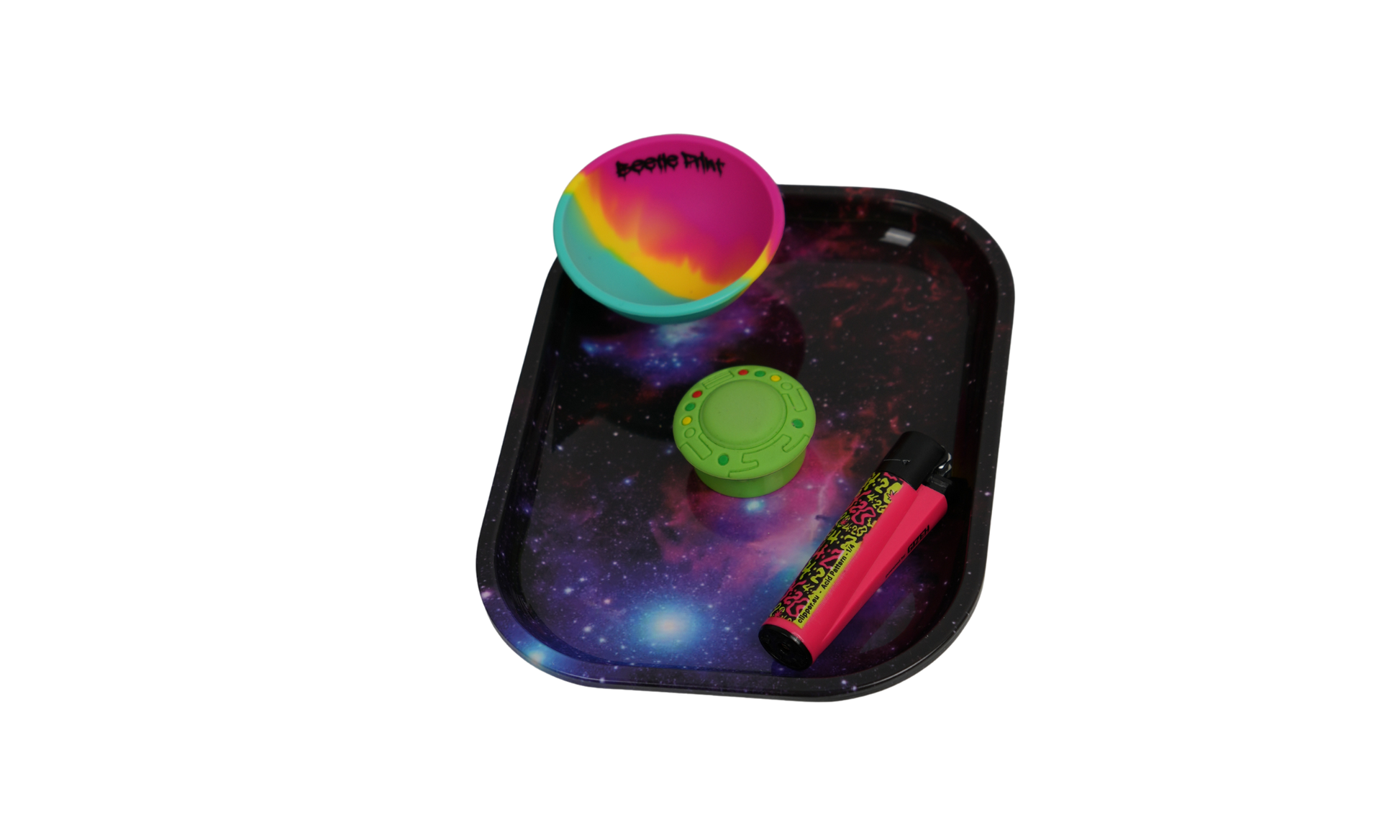 Metal rolling tray with space galaxy design used as rolling surface