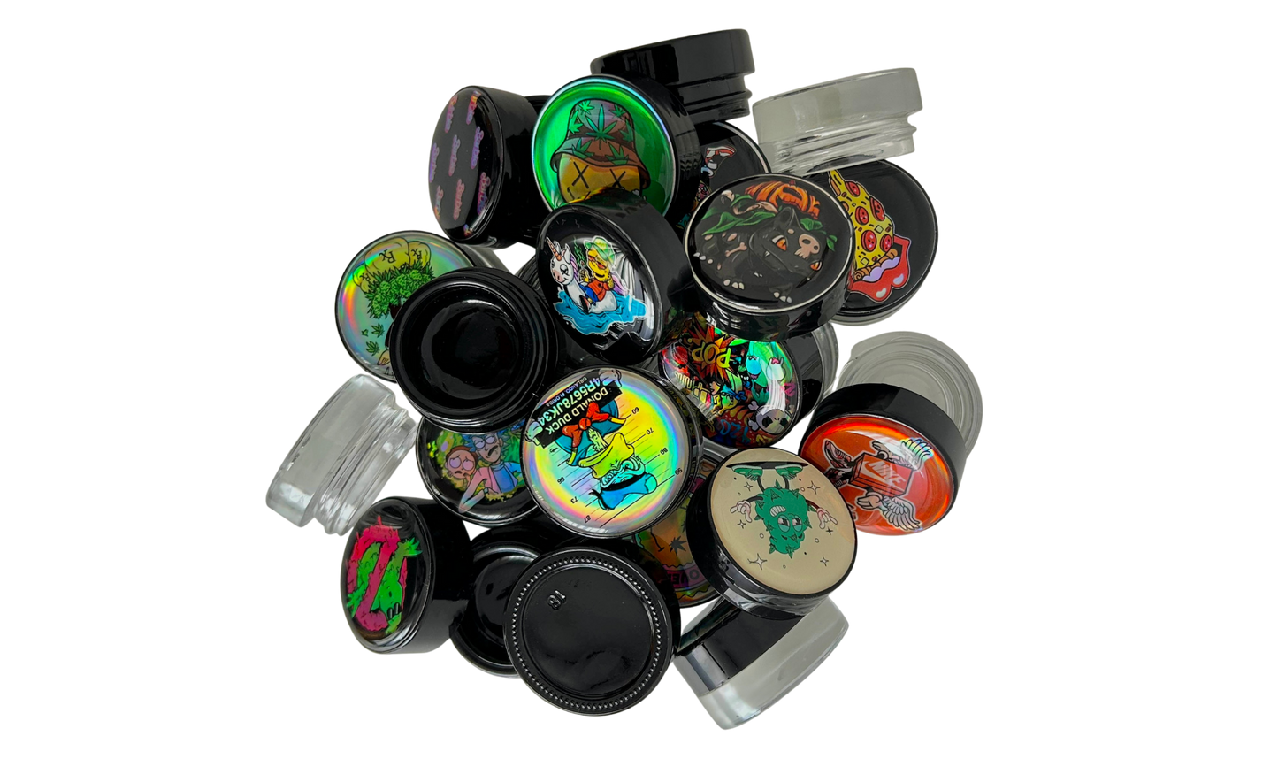 Pack de 15 tarros de vidrio 5ml con logos holográficos y gota de resina Beetle Print